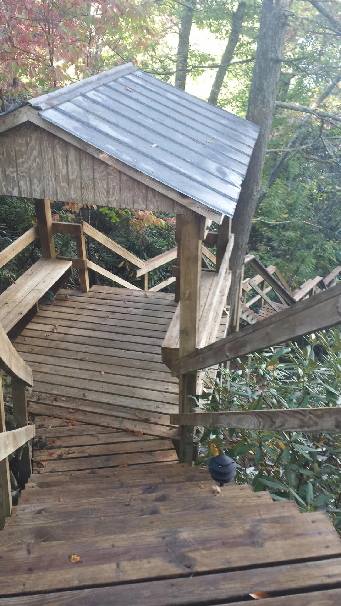Metal roofed shelter over wooden steps on a wooded walkway — Skylight Repair & Installation work by our crew in Martell